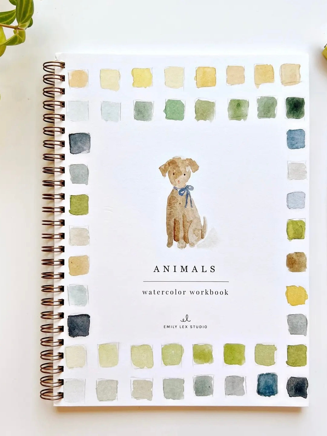 Animals Watercolor workbook front cover with a dog illustration and color swatches on a white background