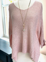 Anya Knitted Sweater in Pink on mannequin styled with long gold necklace