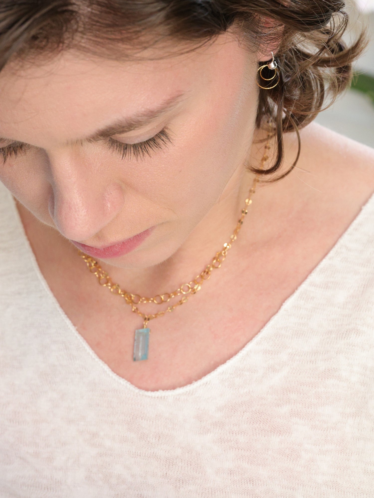 Aquamarine Fancy Cut nh Double Chain Necklace on model
