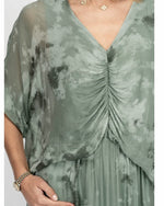 Close-up of the Ariella Silk Dress in Olive highlighting the ruched front and soft tie-dye silk