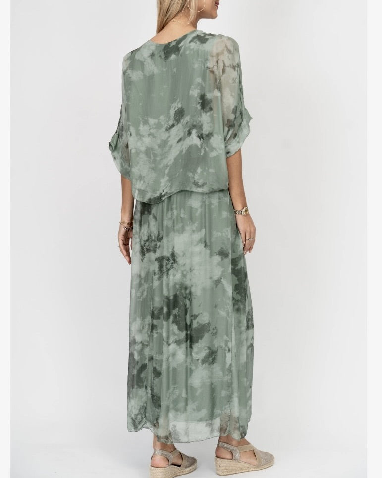 Back view of the Ariella Silk Dress in Olive showing the flowy silk skirt and overlay at Ardor Boutique.