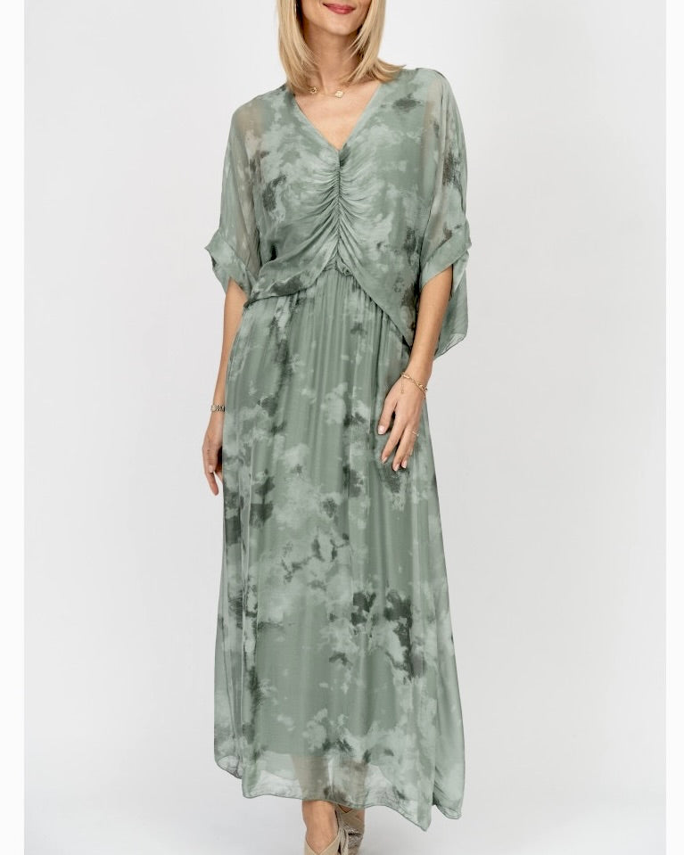 Ariella Silk Dress in Olive on Model Front