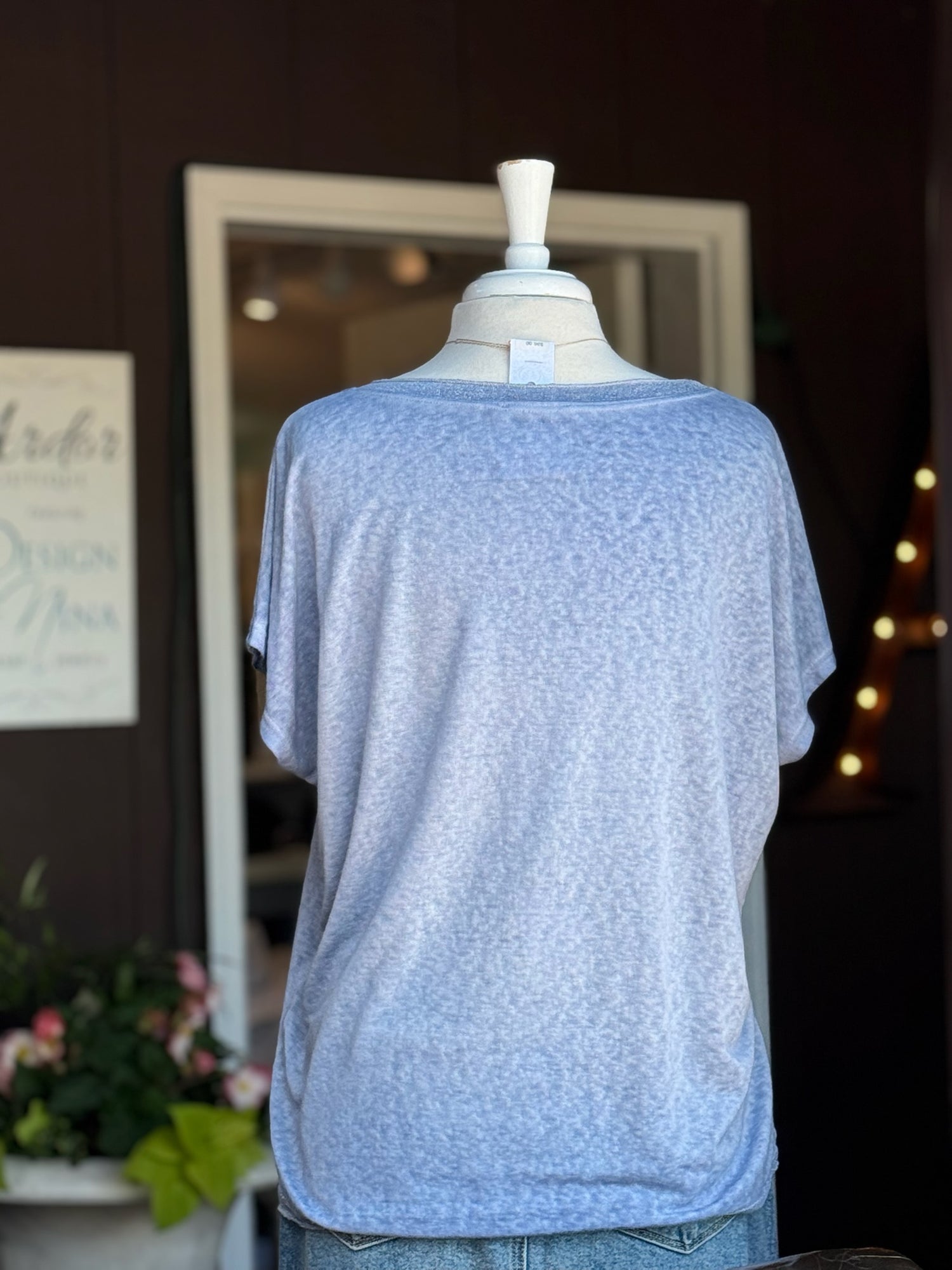 Back View Grace V-Neck Short Sleeve Top in Blue