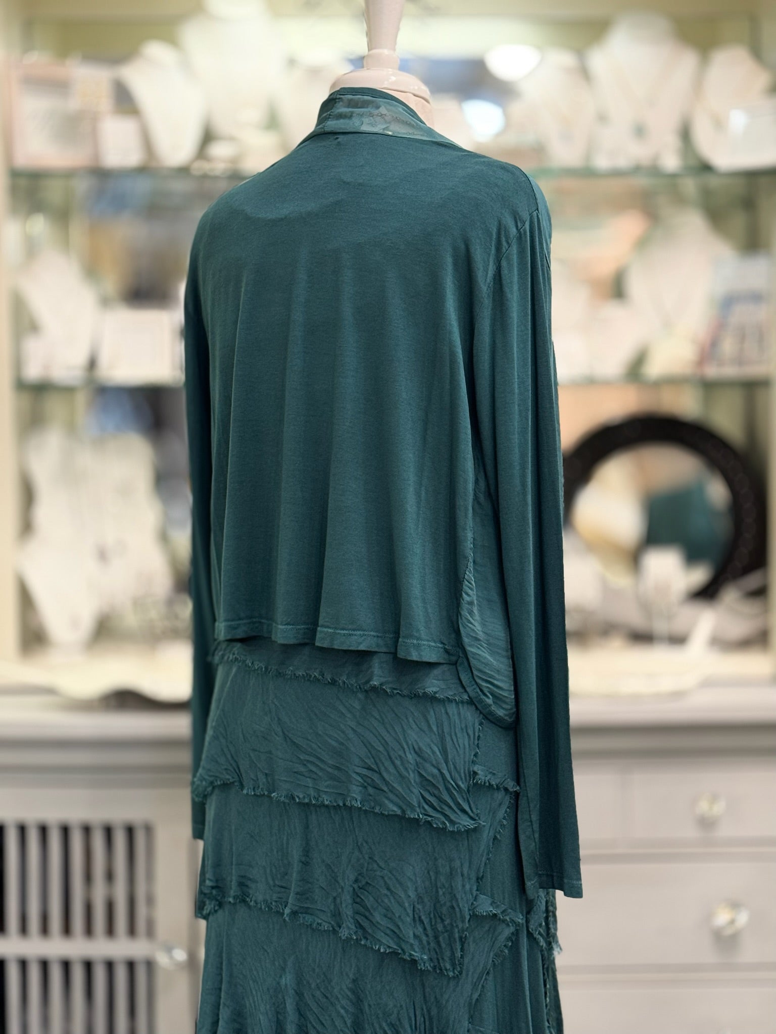 Back view of Chloe Silk Cardigan in green at Ardor Boutique