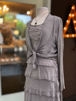 Briella Dress paired with matching silk taupe wrap cardigan