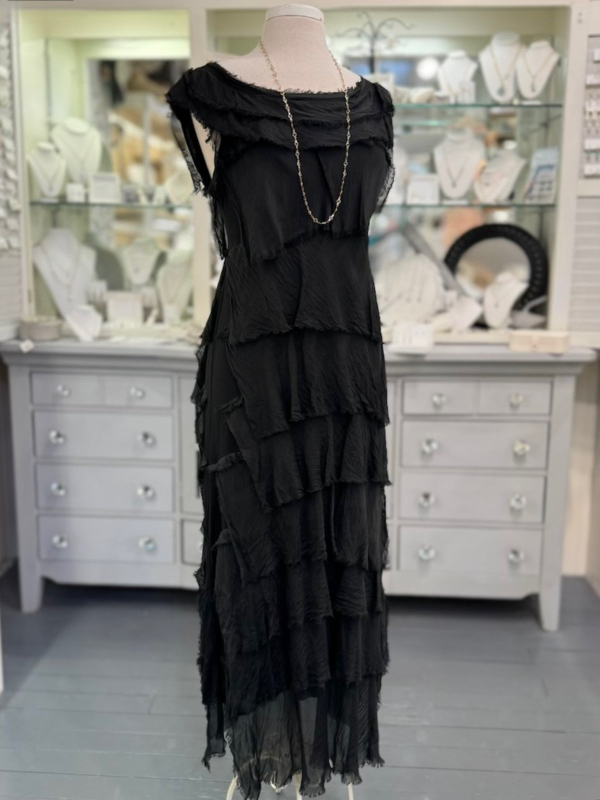 Briella Italian Silk Dress in black on mannequin with silver necklace 
at Ardor Boutique