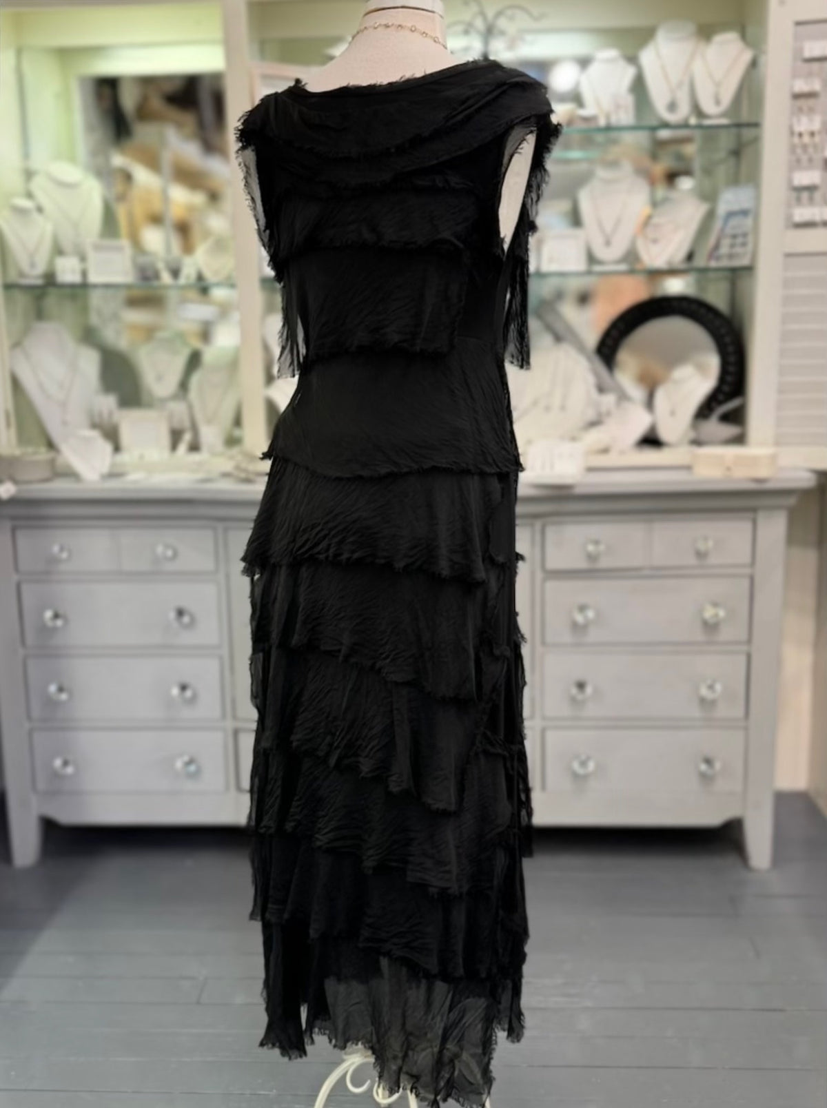 Briella Italian Silk Dress in black shows back view