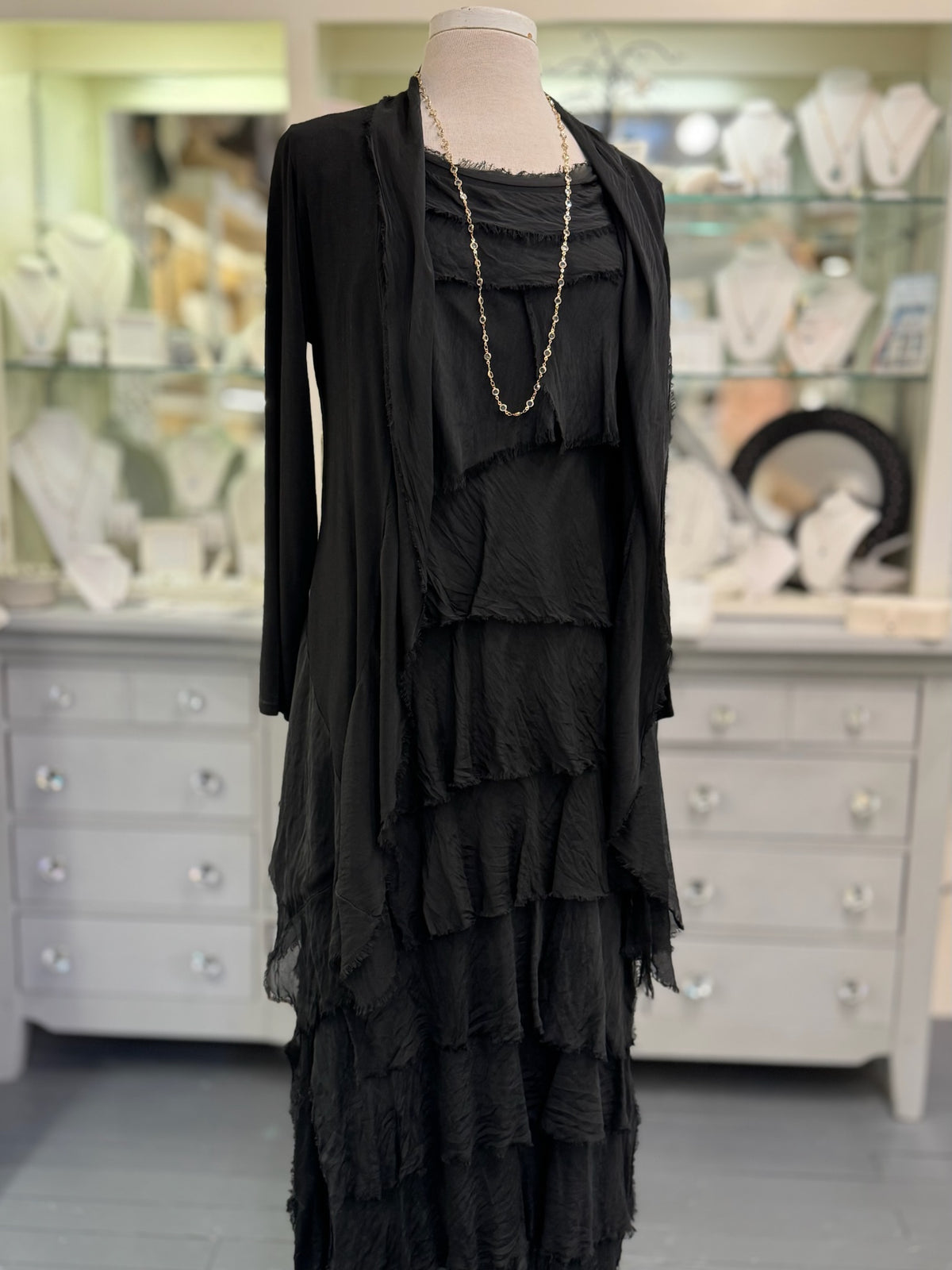Briella Italian Silk Dress in black with long silk cardigan black
