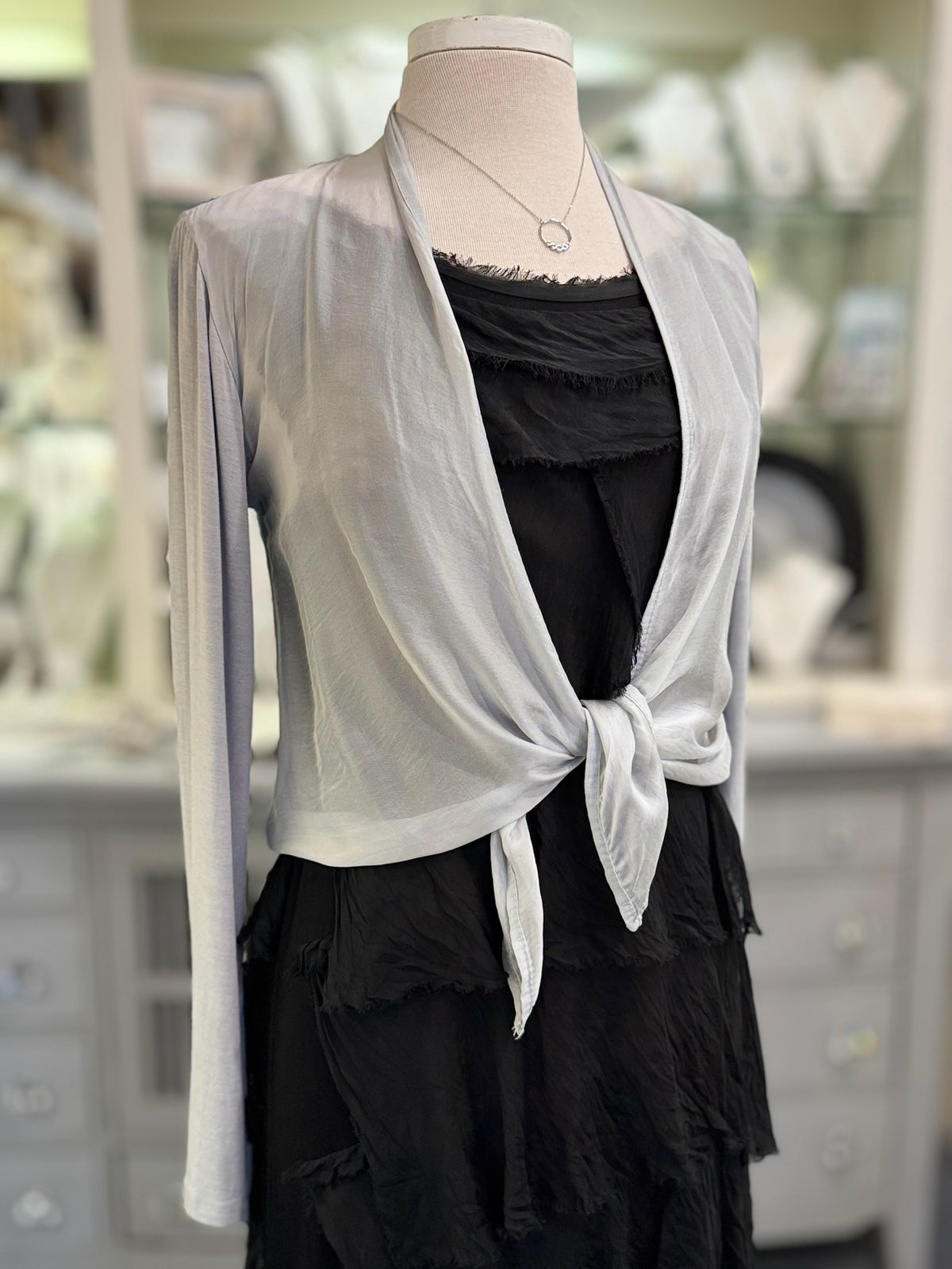 Briella Italian Silk Dress in black with silk cardigan and silver necklace