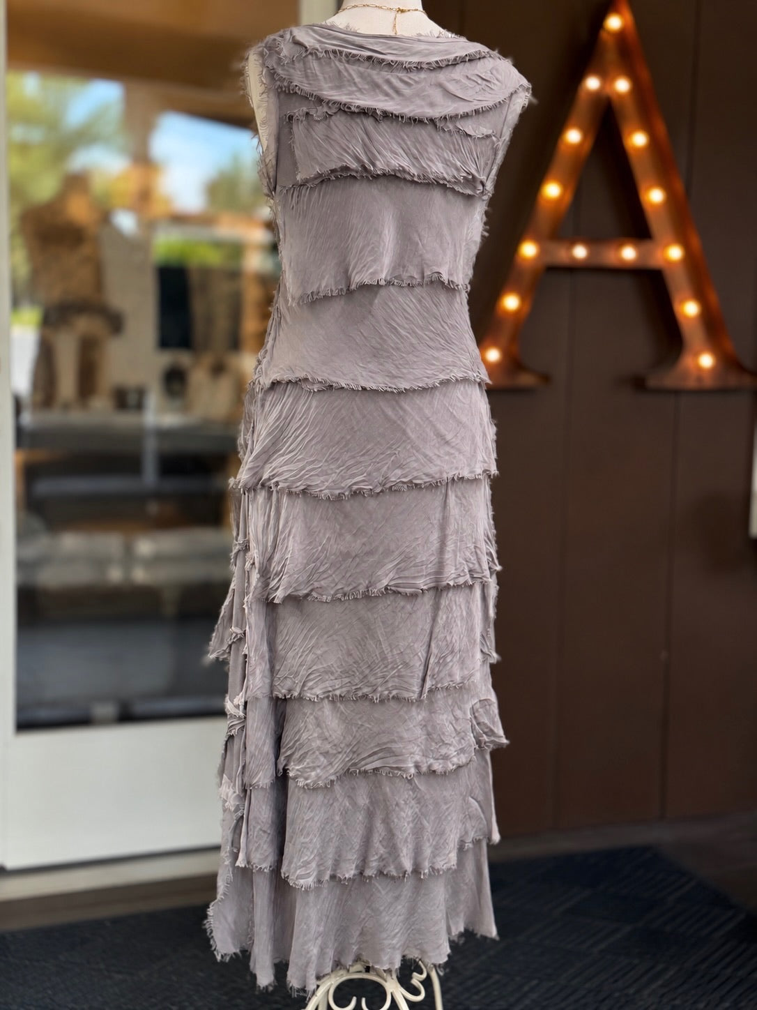 Briella Italian Silk Dress in taupe showing the back