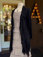 Briella Dress in taupe styled with black silk cardigan and dark druzy necklace. Black and Taupe look