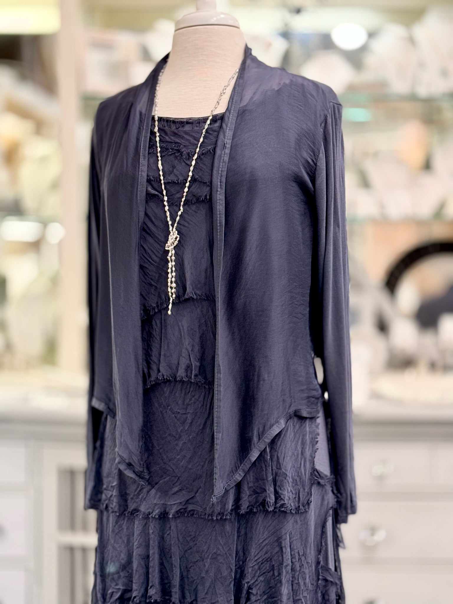 Briella Layered Silk Dress Navy paired with Chloe silk cardigan in same color open front