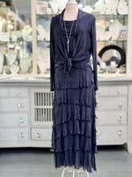 Briella Layered Silk Dress Navy paired with Chloe silk cardigan tied in front