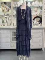 Briella Layered Silk Dress Navy paired with Clara silk cardigan in same color and long silver pearl necklace