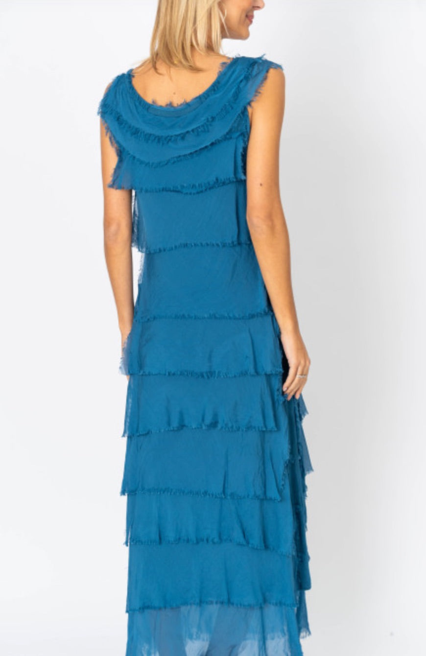 Back view of the Briella Layered Silk Dress showing the elegant drape and layered silk design.