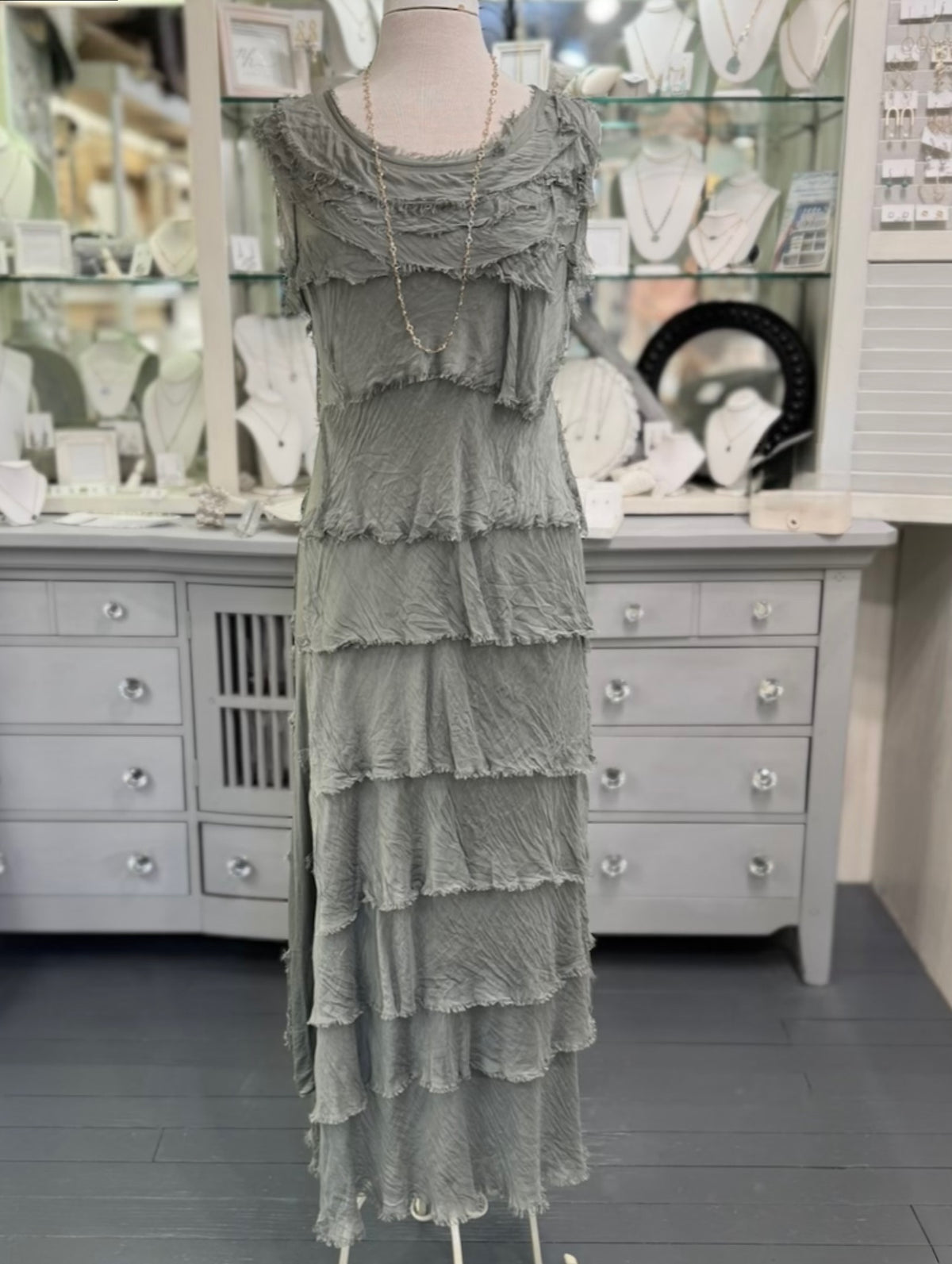 Briella Silk Dress in Olive front view showing tiered silk layers