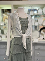 Briella Silk Dress in Olive styled with beige silk wrap cardigan