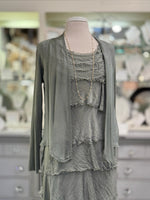 Briella Silk Dress in Olive styled with olive silk cardigan