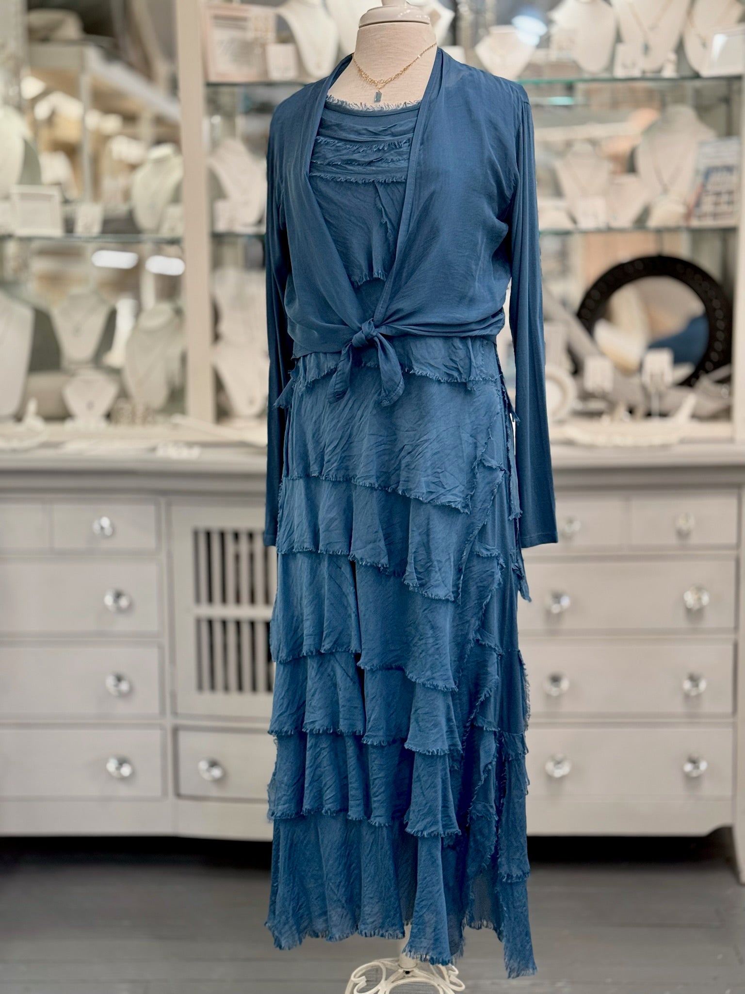 Briella Silk Dress in Prussian Blue with Chloe silk cardigan in same color tied in front