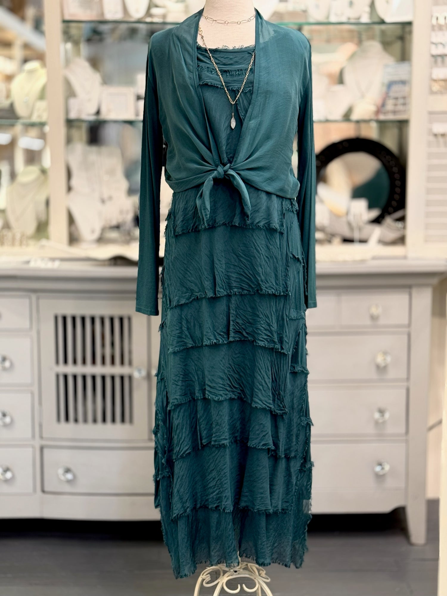 Briella Silk Dress in peacock green paired with Chloe silk cardigan in same color