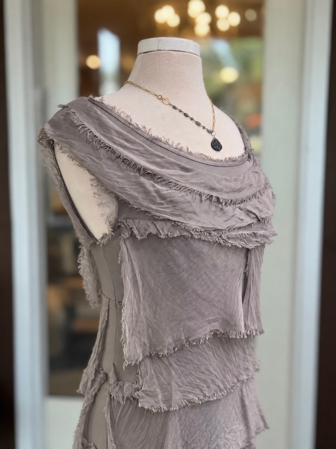 Briella Silk Dress. Close up showing detail of frayed silk layer detail