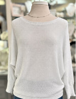Briella white shimmer bow-back sweater with silver metallic knit and relaxed dolman sleeves