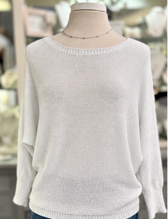 Briella white shimmer bow-back sweater with silver metallic knit and relaxed dolman sleeves