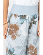 Catherine Linen Pants in Light Blue Floral waist band