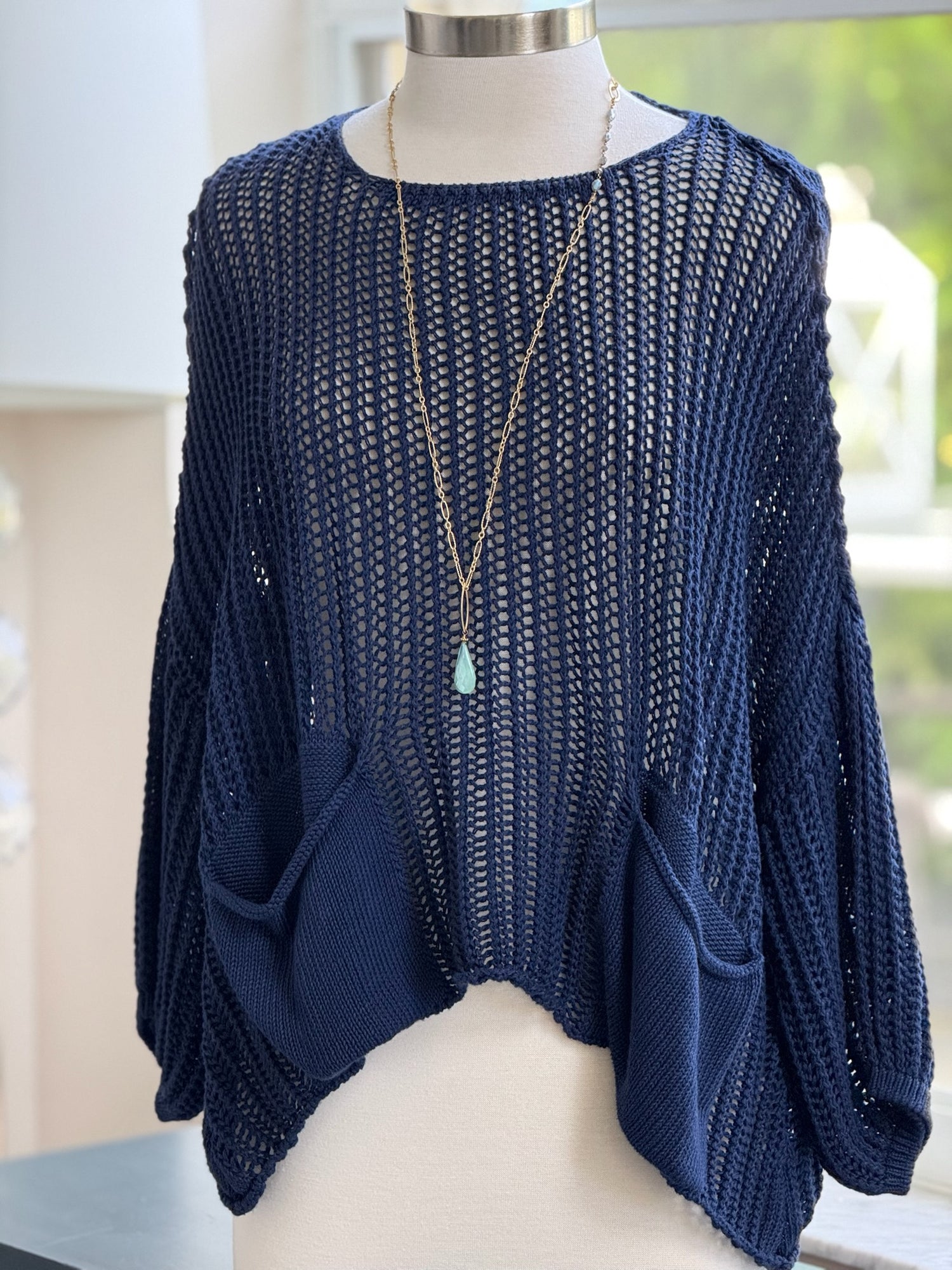 Cecilia Crochet Sweater in Navy on mannequin front view 
