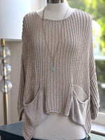 Cecilia crochet sweater in beige shown on mannequin front view 