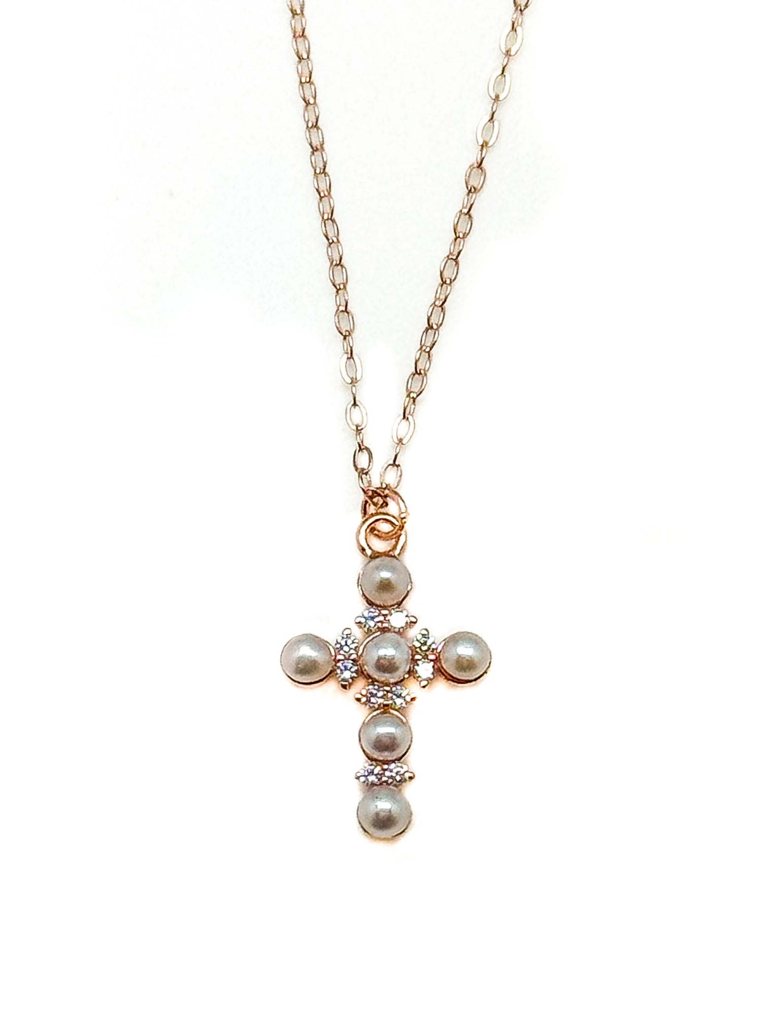 rose gold plated sterling silver cross necklace with pearls from Ardor Boutique