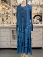 Chloe Silk Cardigan in Prussian Blue over dress