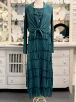 Chloe Silk Cardigan shown tied in front paired over the Briella Silk Dress in green