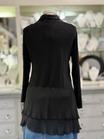 Clara Cardigan in black featuring long sleeves, raw-edge train detailing , and an asymmetrical hem, displayed at Ardor Boutique.