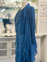 Side view of the Clara Silk Cardigan in Prussian blue, made in Italy with a soft layered drape and open-front design.