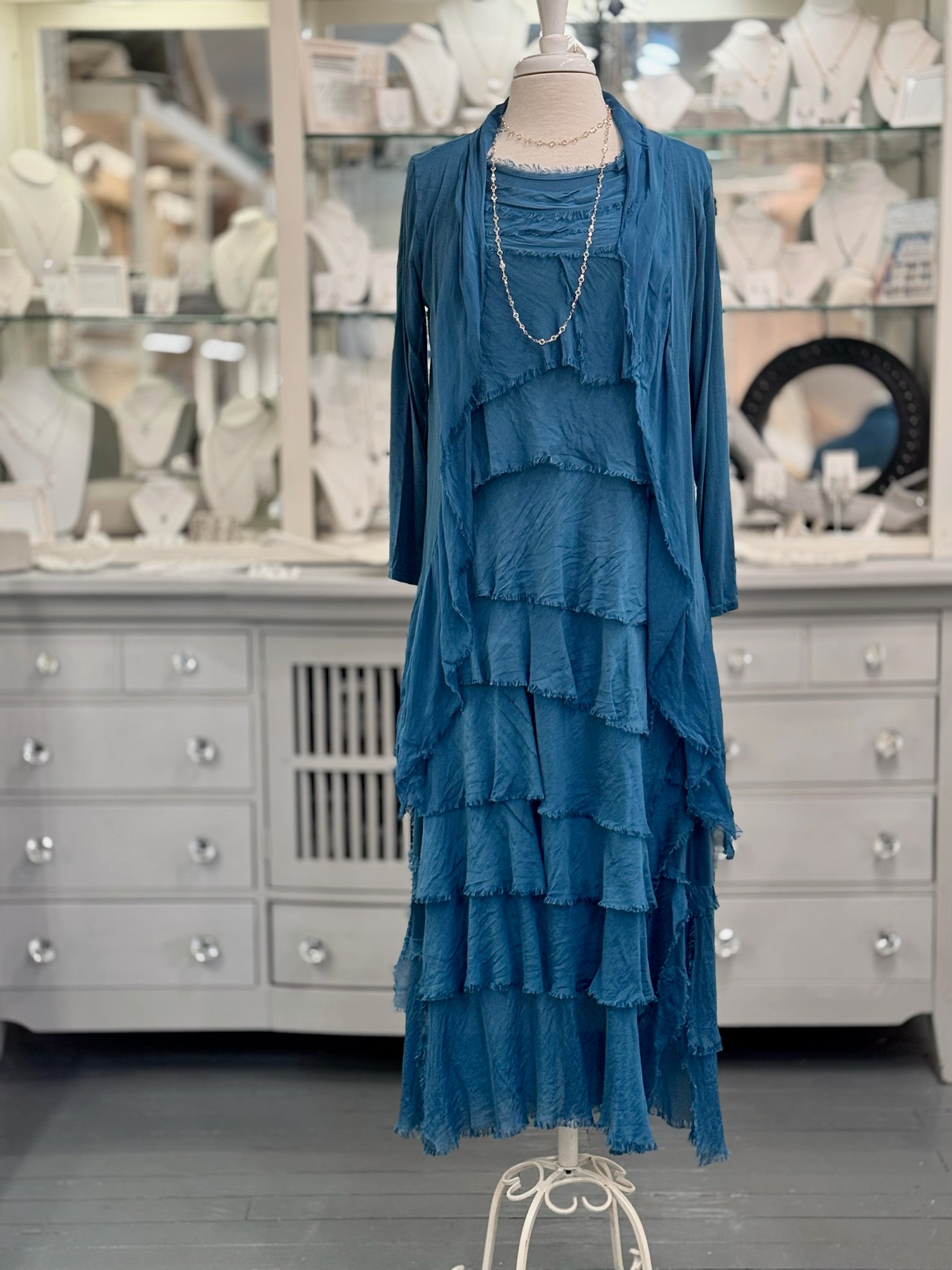 Clara Silk Cardigan in Prussian blue paired with the Briella Layered Silk Dress, showcasing a coordinated Italian-made silk look.