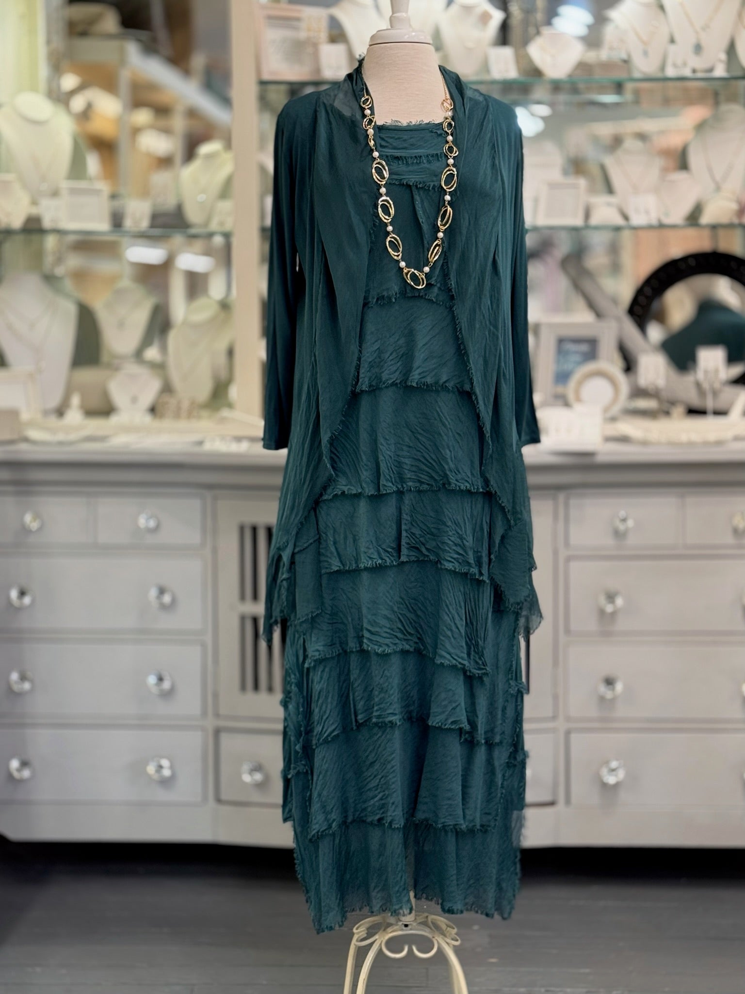 Clara Silk Cardigan green paired with Briella Dress Ardor Boutique