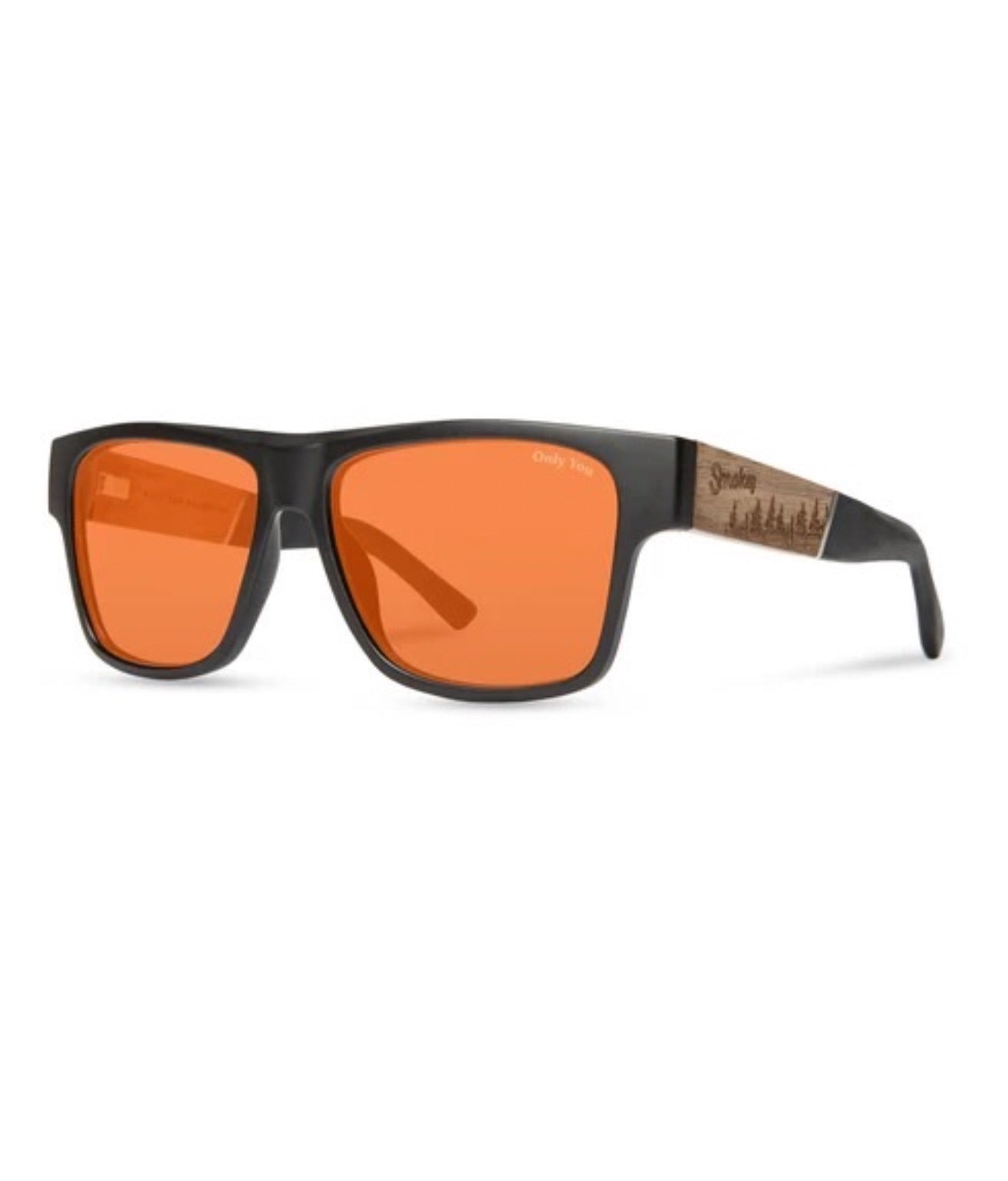 Sunglasses with orange lenses and black frame on a white background