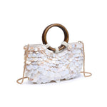 Close-up of the Scarlett Evening Bag displaying shimmering layered shell discs, polished wood ring handles, beaded detailing, and removable chain strap.