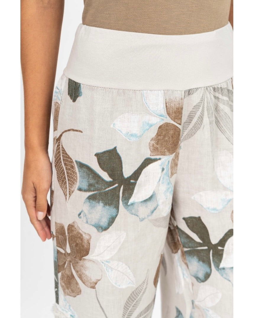 Close up of waistband and floral detail of Catherine Linen Pants in Beige Floral
