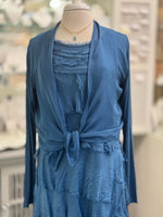 Close up of Chloe cardigan paired over the Briella dress in Prussian Blue