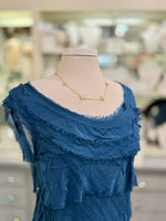 Close up on neckline of Gianna Silk Dress in Prussian Blue at Ardor Boutique