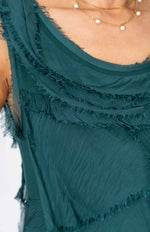 Close-up of the Briella Silk Dress showing the stretch jersey bodice and tiered silk overlay.