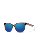 Cove Fog/HD Plus Polarized Blue Flash CAMP Sunglasses. Blue lenses, dark grey frame with wood inlays.
