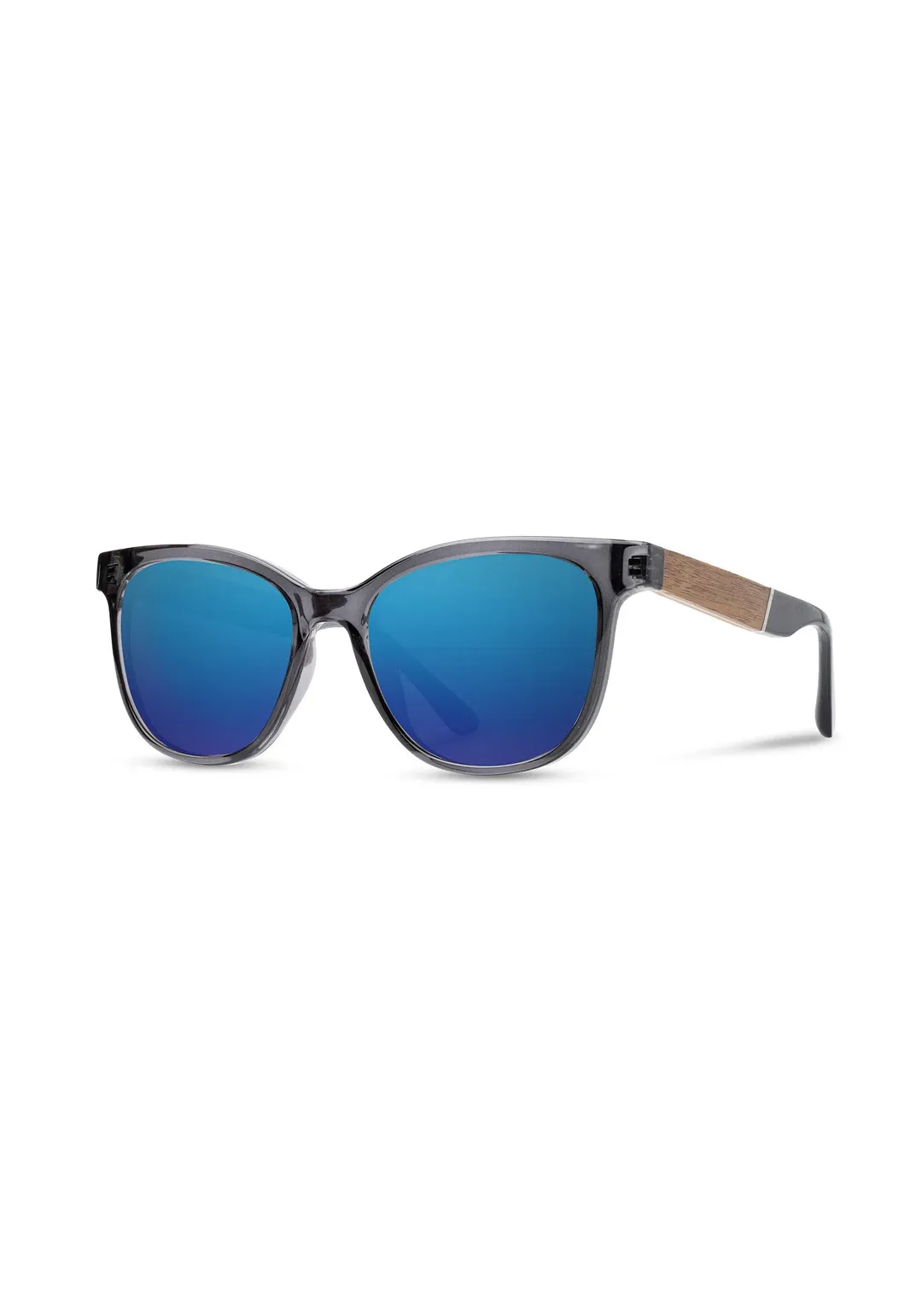 Cove Fog/HD Plus Polarized Blue Flash CAMP Sunglasses. Blue lenses, dark grey frame with wood inlays.