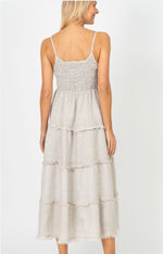 Cream sleeveless tiered midi dress with textured bodice shown from back on model