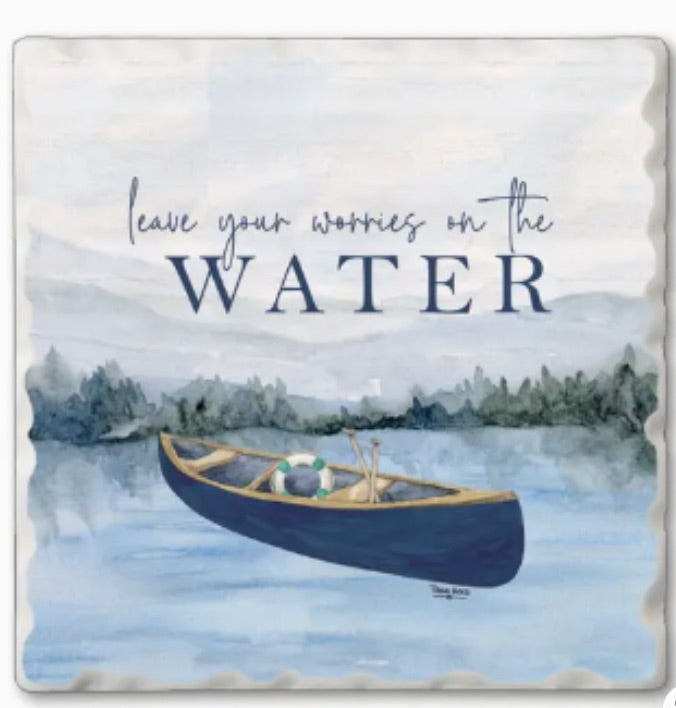 Square decorative coaster featuring a watercolor lake scene with a canoe on the water and the phrase “leave your worries on the WATER” in dark blue lettering.