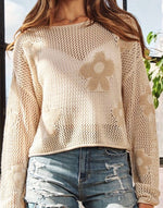 Close-up of the crochet texture and daisy flower design on the beige sweater from Ardor Boutique.