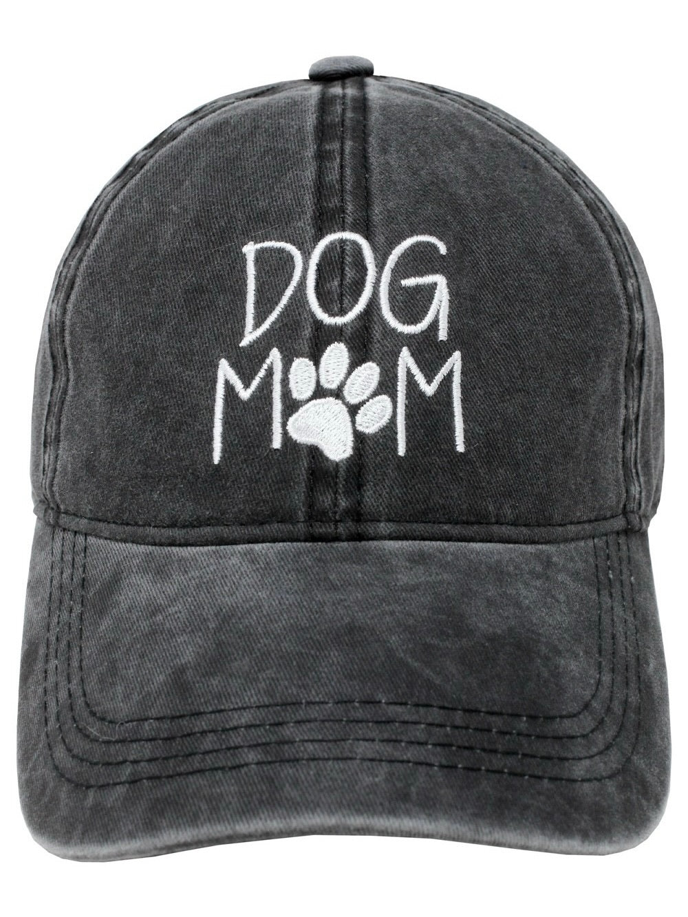 Front view of Dog Mom Cap in black with white embroidered lettering and paw print.