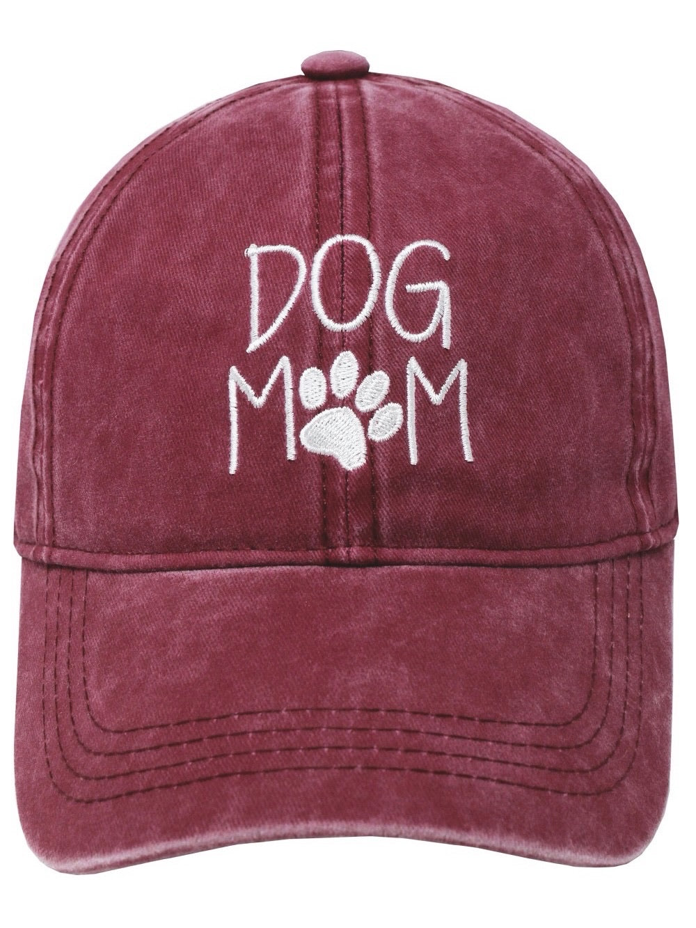 Front view of Dog Mom Cap in burgundy red with white embroidered lettering and paw print.